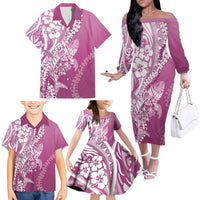Hawaii Puakenikeni And Maile Lei Family Matching Off The Shoulder Long Sleeve Dress and Hawaiian Shirt Pink Polynesian Shark Tattoo DT05 - Polynesian Pride