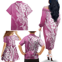 Hawaii Puakenikeni And Maile Lei Family Matching Off The Shoulder Long Sleeve Dress and Hawaiian Shirt Pink Polynesian Shark Tattoo DT05 - Polynesian Pride