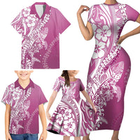 Hawaii Puakenikeni And Maile Lei Family Matching Short Sleeve Bodycon Dress and Hawaiian Shirt Pink Polynesian Shark Tattoo DT05 - Polynesian Pride