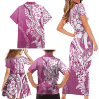 Hawaii Puakenikeni And Maile Lei Family Matching Short Sleeve Bodycon Dress and Hawaiian Shirt Pink Polynesian Shark Tattoo DT05 - Polynesian Pride