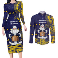 Tokelau Christmas Couples Matching Long Sleeve Bodycon Dress and Long Sleeve Button Shirt Santa With Tuluma Xmas Tribal Waves DT05 Navy - Polynesian Pride
