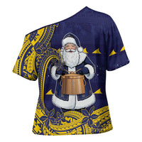 Tokelau Christmas Cross Shoulder Shirt Santa With Tuluma Xmas Tribal Waves - Polynesian Pride