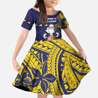 Tokelau Christmas Family Matching Off Shoulder Short Dress and Hawaiian Shirt Santa With Tuluma Xmas Tribal Waves DT05 Daughter's Dress Navy - Polynesian Pride