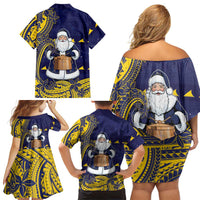 Tokelau Christmas Family Matching Off Shoulder Short Dress and Hawaiian Shirt Santa With Tuluma Xmas Tribal Waves DT05 - Polynesian Pride