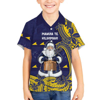 Tokelau Christmas Family Matching Summer Maxi Dress and Hawaiian Shirt Santa With Tuluma Xmas Tribal Waves DT05 Son's Shirt Navy - Polynesian Pride