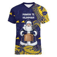 Tokelau Christmas Women V-Neck T-Shirt Santa With Tuluma Xmas Tribal Waves DT05 Female Navy - Polynesian Pride