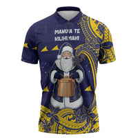 Tokelau Christmas Zipper Polo Shirt Santa With Tuluma Xmas Tribal Waves - Polynesian Pride