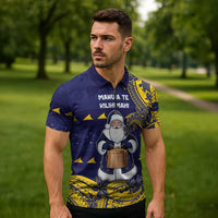 Tokelau Christmas Zipper Polo Shirt Santa With Tuluma Xmas Tribal Waves - Polynesian Pride