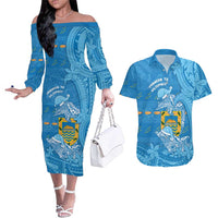 Tuvalu Christmas Couples Matching Off The Shoulder Long Sleeve Dress and Hawaiian Shirt Dolphins Santa Xmas Tribal Waves DT05 Blue - Polynesian Pride