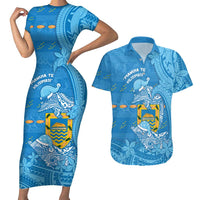 Tuvalu Christmas Couples Matching Short Sleeve Bodycon Dress and Hawaiian Shirt Dolphins Santa Xmas Tribal Waves DT05 Blue - Polynesian Pride