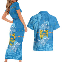 Tuvalu Christmas Couples Matching Short Sleeve Bodycon Dress and Hawaiian Shirt Dolphins Santa Xmas Tribal Waves DT05 - Polynesian Pride
