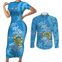 Tuvalu Christmas Couples Matching Short Sleeve Bodycon Dress and Long Sleeve Button Shirt Dolphins Santa Xmas Tribal Waves - Polynesian Pride