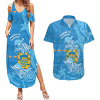 Tuvalu Christmas Couples Matching Summer Maxi Dress and Hawaiian Shirt Dolphins Santa Xmas Tribal Waves - Polynesian Pride