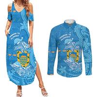 Tuvalu Christmas Couples Matching Summer Maxi Dress and Long Sleeve Button Shirt Dolphins Santa Xmas Tribal Waves - Polynesian Pride