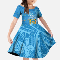 Tuvalu Christmas Family Matching Off Shoulder Short Dress and Hawaiian Shirt Dolphins Santa Xmas Tribal Waves DT05 Daughter's Dress Blue - Polynesian Pride