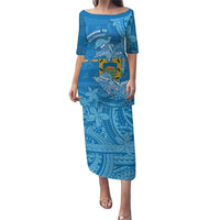 Tuvalu Christmas Family Matching Puletasi and Hawaiian Shirt Dolphins Santa Xmas Tribal Waves DT05 Mom's Dress Blue - Polynesian Pride