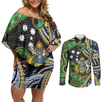 South Sea Islanders And Solomon Islands Couples Matching Off Shoulder Short Dress and Long Sleeve Button Shirt Solomons Coat Of Arms And Southern Cross DT05 Black - Polynesian Pride