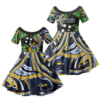 South Sea Islanders And Solomon Islands Family Matching Off The Shoulder Long Sleeve Dress and Hawaiian Shirt Solomons Coat Of Arms And Southern Cross DT05 Daughter's Dress Black - Polynesian Pride