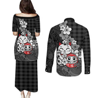 Black Palaka Hawaiian And Japanese Couples Matching Puletasi and Long Sleeve Button Shirt Maneki Neko And Sakura Bloom