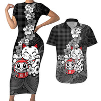 Black Palaka Hawaiian And Japanese Couples Matching Short Sleeve Bodycon Dress and Hawaiian Shirt Maneki Neko And Sakura Bloom DT05 Black - Polynesian Pride