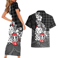 Black Palaka Hawaiian And Japanese Couples Matching Short Sleeve Bodycon Dress and Hawaiian Shirt Maneki Neko And Sakura Bloom DT05 - Polynesian Pride