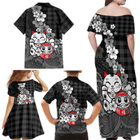 Black Palaka Hawaiian And Japanese Family Matching Off Shoulder Maxi Dress and Hawaiian Shirt Maneki Neko And Sakura Bloom DT05 - Polynesian Pride
