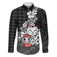 Black Palaka Hawaiian And Japanese Family Matching Off Shoulder Short Dress and Hawaiian Shirt Maneki Neko And Sakura Bloom DT05 Dad's Shirt - Long Sleeve Black - Polynesian Pride