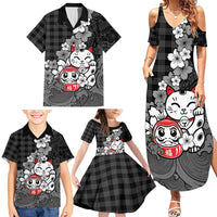 Black Palaka Hawaiian And Japanese Family Matching Summer Maxi Dress and Hawaiian Shirt Maneki Neko And Sakura Bloom DT05 - Polynesian Pride