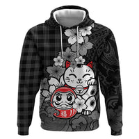 Black Palaka Hawaiian And Japanese Hoodie Maneki Neko And Sakura Bloom