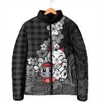 Black Palaka Hawaiian And Japanese Padded Jacket Maneki Neko And Sakura Bloom