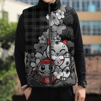 Black Palaka Hawaiian And Japanese Sleeveless Puffer Jacket Maneki Neko And Sakura Bloom