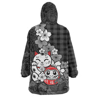 Black Palaka Hawaiian And Japanese Wearable Blanket Hoodie Maneki Neko And Sakura Bloom