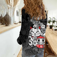 Black Palaka Hawaiian And Japanese Women Casual Shirt Maneki Neko And Sakura Bloom
