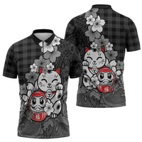 Black Palaka Hawaiian And Japanese Zipper Polo Shirt Maneki Neko And Sakura Bloom