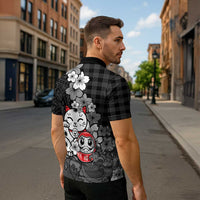 Black Palaka Hawaiian And Japanese Zipper Polo Shirt Maneki Neko And Sakura Bloom