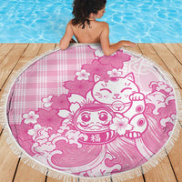 Pink Palaka Hawaiian And Japanese Beach Blanket Maneki Neko And Sakura Bloom