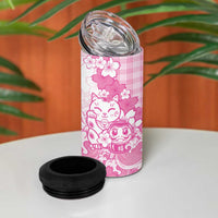 Pink Palaka Hawaiian And Japanese 4 in 1 Can Cooler Tumbler Maneki Neko And Sakura Bloom
