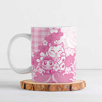 Pink Palaka Hawaiian And Japanese Ceramic Mug Maneki Neko And Sakura Bloom