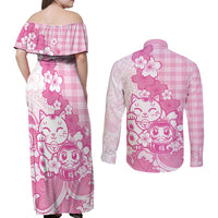 Pink Palaka Hawaiian And Japanese Couples Matching Off Shoulder Maxi Dress and Long Sleeve Button Shirt Maneki Neko And Sakura Bloom