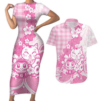 Pink Palaka Hawaiian And Japanese Couples Matching Short Sleeve Bodycon Dress and Hawaiian Shirt Maneki Neko And Sakura Bloom DT05 Pink - Polynesian Pride