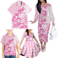 Pink Palaka Hawaiian And Japanese Family Matching Off The Shoulder Long Sleeve Dress and Hawaiian Shirt Maneki Neko And Sakura Bloom DT05 - Polynesian Pride