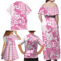 Pink Palaka Hawaiian And Japanese Family Matching Off Shoulder Maxi Dress and Hawaiian Shirt Maneki Neko And Sakura Bloom DT05 - Polynesian Pride
