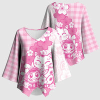 Pink Palaka Hawaiian And Japanese Kimono Sleeve Blouse Maneki Neko And Sakura Bloom