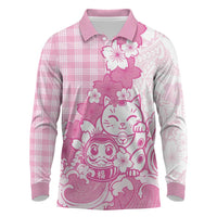 Pink Palaka Hawaiian And Japanese Long Sleeve Polo Shirt Maneki Neko And Sakura Bloom