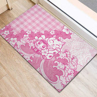 Pink Palaka Hawaiian And Japanese Rubber Doormat Maneki Neko And Sakura Bloom