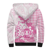Pink Palaka Hawaiian And Japanese Sherpa Hoodie Maneki Neko And Sakura Bloom