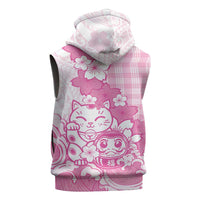 Pink Palaka Hawaiian And Japanese Sleeveless Zip Hoodie Maneki Neko And Sakura Bloom