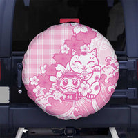 Pink Palaka Hawaiian And Japanese Spare Tire Cover Maneki Neko And Sakura Bloom