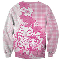 Pink Palaka Hawaiian And Japanese Sweatshirt Maneki Neko And Sakura Bloom