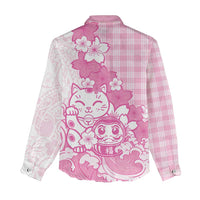 Pink Palaka Hawaiian And Japanese Women Casual Shirt Maneki Neko And Sakura Bloom